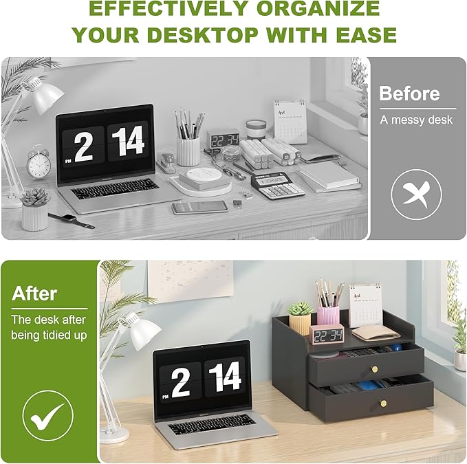 Bamboo Desk Organizer with Drawers Wooden Desktop Storage Drawers for Bills Office Supplies Kitchen Utensils Organizing Tool for Home Classroom Organization No Assembly (2 Drawers, Black)