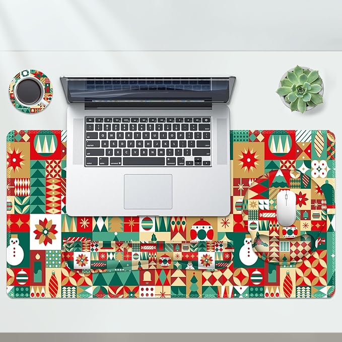 AIMSA Keyboard Mouse Pad Wrist Rest Set, Large Gaming Mouse Desk Pad with Wrist Support Ergonomic Design, 4 in 1 Mousepad for Home Office, Snowman Bell Christmas