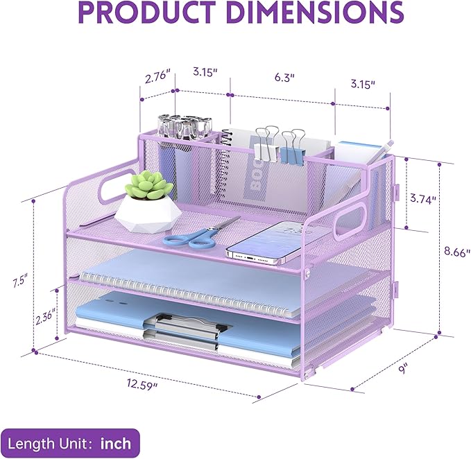SUPEASY 3 Tier Desk Organizer with Handle & 3 Pen Holders, Mesh Paper/File Organizer for Desk, Paper Letter Tray Organizer for Office Supplies (Light Purple)