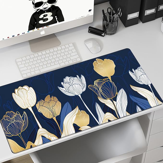 MIOAOSRT Desk Mat,Luxury Gold Tulip Flower Large Gaming Mouse Pad with Stitched Edges,Non-Slip Computer Mouse Pad for Desk,Extended XXL Keyboard and Mouse Pad 35.4x15.75 in