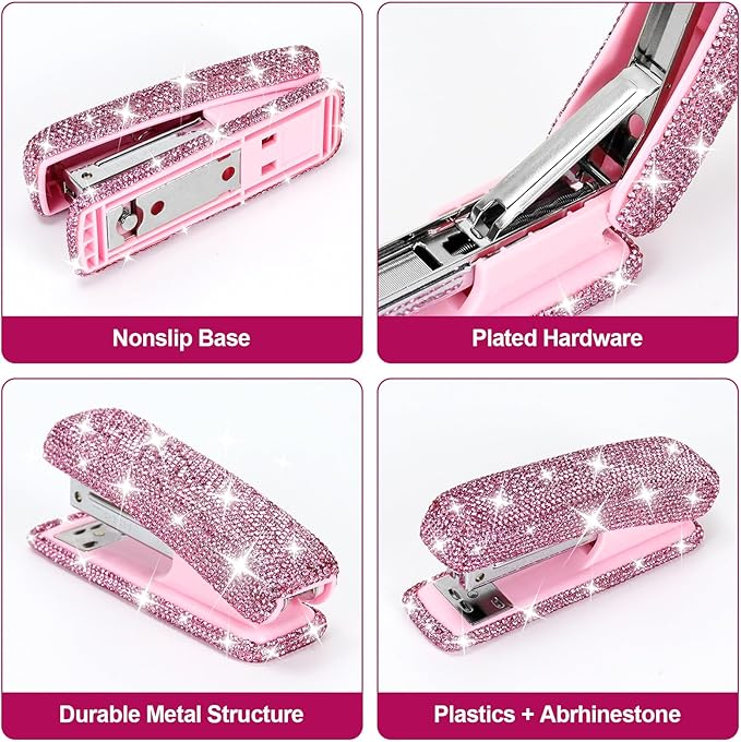Multibey Rhinestone Stapler for Desk, Bling Crystal Handmade Stapler with 2000 Staples, Office Desktop Dazzling Staplers Rhinestone Desk Accessories for Women Office (Pure Pink