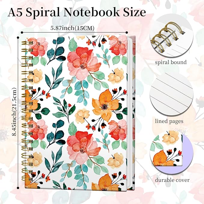 Spiral Notebook Journal for Women Men, A5 Hardcover Journal, 120 Pages Thick Paper, College Ruled Writing Notebook for School, Work & Office 8.3'' × 5.9''(Colorful Floral)