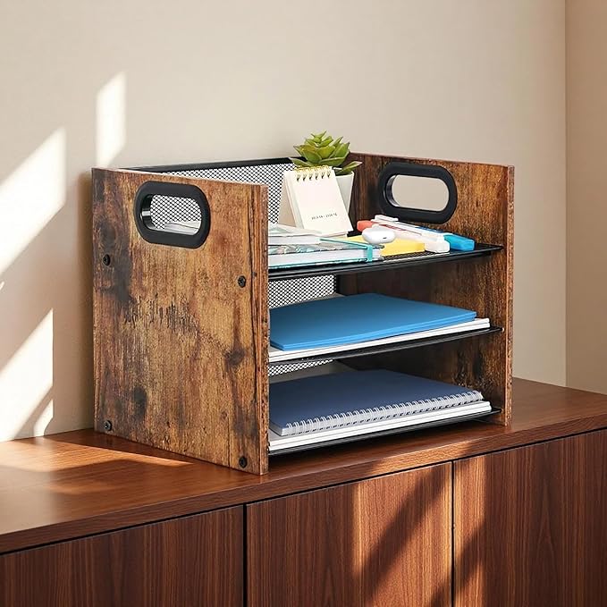 Wood Desk Organizer - 3-Tier Desktop File Organizer, Wooden Paper Tray, Office Desk Organzier and Accessories for Papers, Mail, Notebooks, Stationery