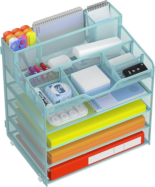 Docnest 5 Tier Mesh Desk Organizer for Paper Office Supplies – Multi-Functional Letter Tray with 5 Adjustable Compartments, 3 Pen Holders, Desktop Storage for Files, Mail, Stationery – Blue