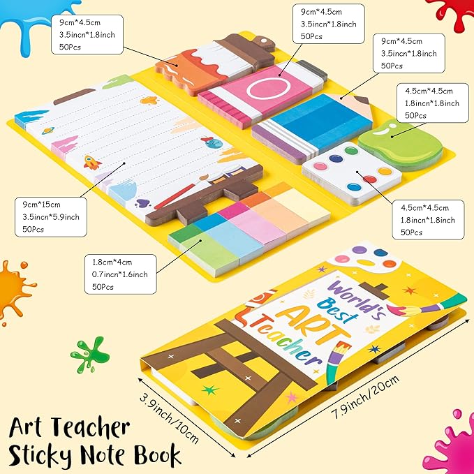 B1ykin Sticky Notes Set, Cartoon Theme Cute Self-Stick Notes Pad Teacher Appreciation Gifts， Self-Adhesive Writing Memo Pages Sticky to Do Notepad Thank You Gift for School Classroom (Art Teacher)