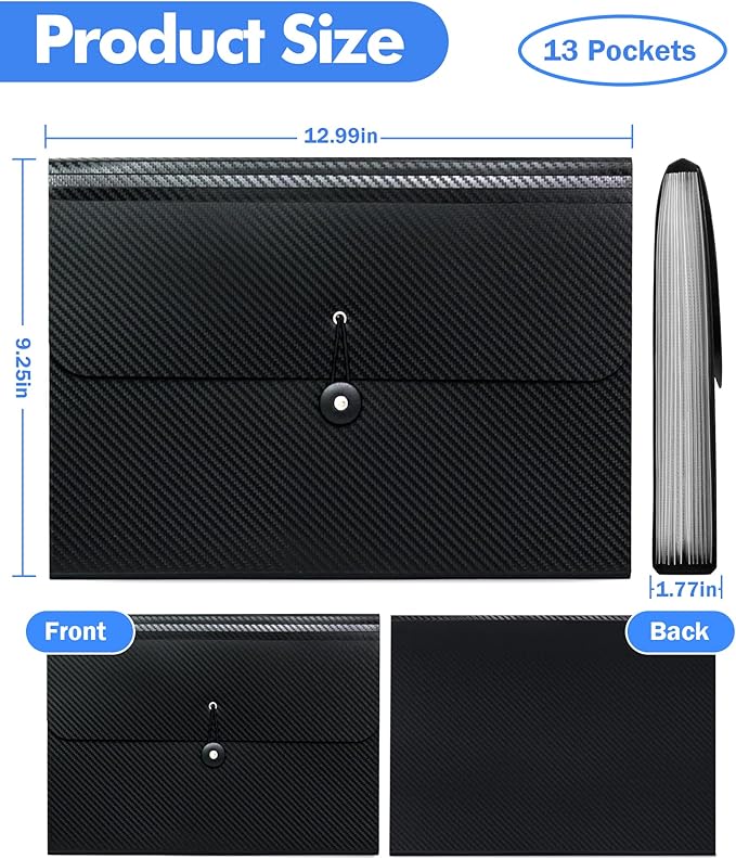 Cesil 2Pcs Expanding File Folders, 13 Pockets File Organizer Accordion File Holder with Elastic Buckles Closure, A4 Paper Document Organizer for Home School Office