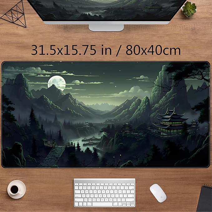 XXL Large Gaming Mouse Pad Anime Green Moon Mountains Desk Mat, Desk Decor Mousepad Computer Mat, Non-Slip Rubber Base Desk Pad, Laptop Keyboard and Mouse Mat with Stitched Edges, 31.5x15.75 in
