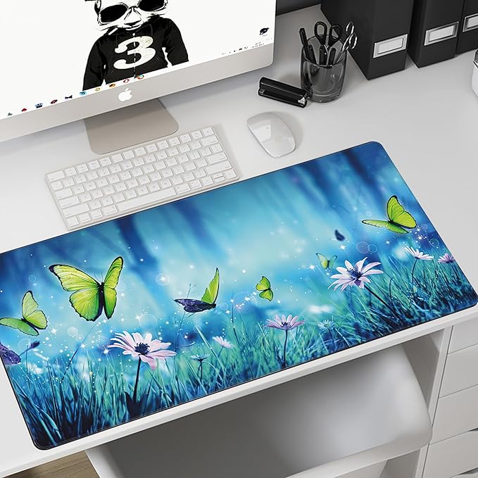 MIOAOSRT Desk Mat,Butterflies in Mystic Forest Large Gaming Mouse Pad with Stitched Edges,Non-Slip Computer Mouse Pad for Desk,Extended XXL Keyboard and Mouse Pad 35.4x15.75 in