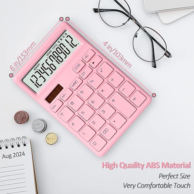 Desk Calculator 12 Digit,Pink Desktop Dual Power Battery and Solar,Desk Calculators with Large LCD Display,Perfect for Home, Office,and School Use,Auto Sleep