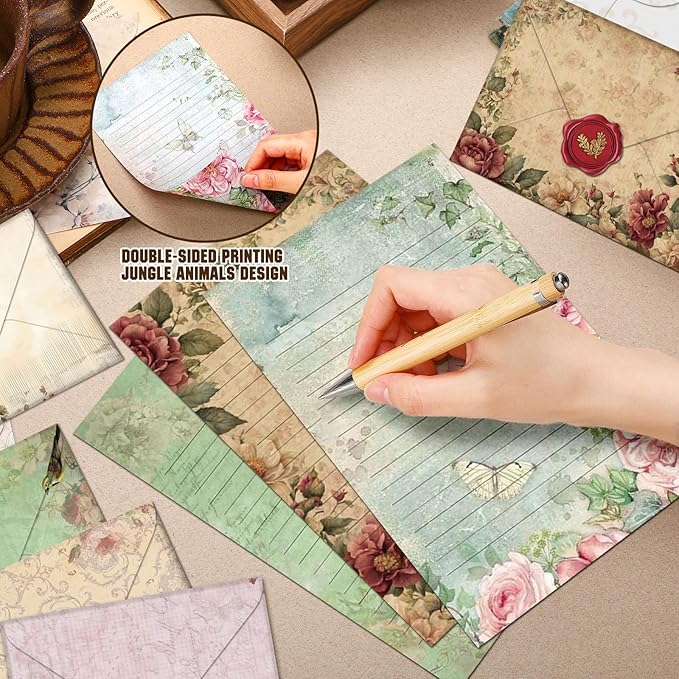 TaoBary 160 Pcs Stationery Paper Set 50 Double Sided Stationery Papers with 50 Matching Envelopes and 60 Round Dot Sticker, 10 Design(Vintage Floral,5.5 x 8.25 Inch)