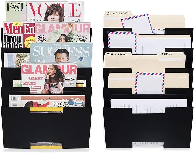 Wallniture Lisbon 10-Tier Wall Mounted File Holder and Desk Organizer, Metal Black Office Organization and Storage Rack