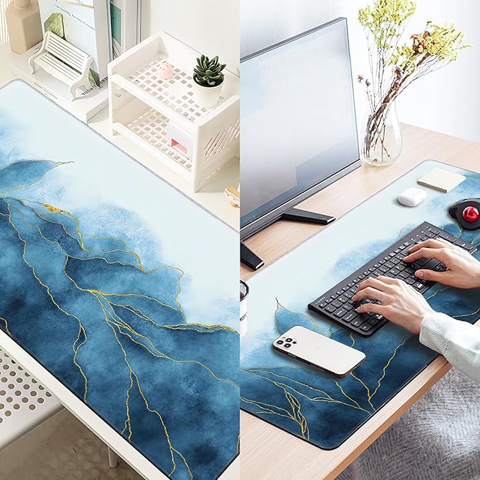 Large Mouse Pad Extended Gaming Desk Mat Abstract Blue Marble Gaming Office Home Mousepad Keyboard Mouse Mat,Non-Slip Rubber Base 35.4x15.7 Inch Mousepads
