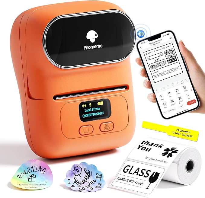 Phomemo Barcode Printer - M110 Label Maker Machine Wireless Bluetooth Themal Label Printer for Small Business, School, Barcode, Address, Jewelry, Clothing, Organizing, Orange