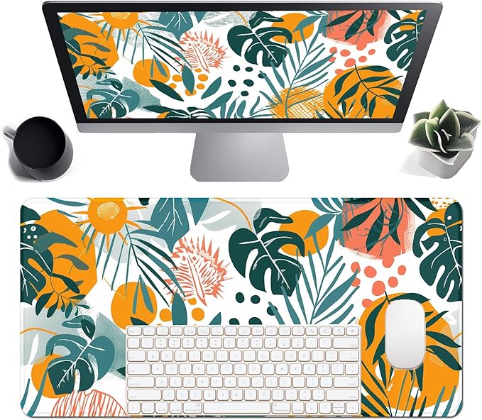 Tropical Leaves Large Mousepad 31.5 x 15.7 inch, XXL Waterproof Desk Mat Gaming Mouse Pad, Aesthetic Flowers Desktop Mat, Laptop Pad, Computer Writing Mat for Home Office Desk Decor