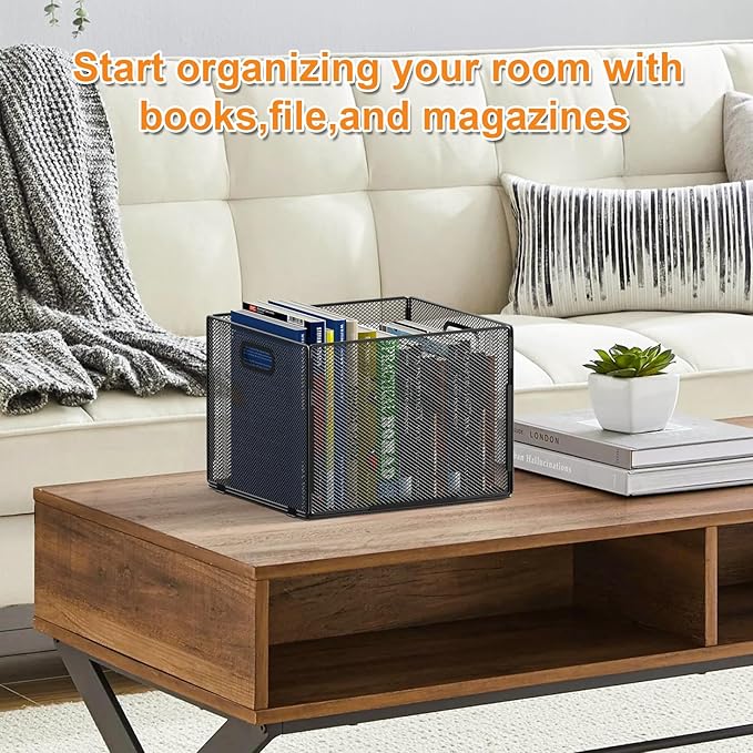 Hanging File Organizer, File Box Organizer with Handle, Metal Mesh Hanging File Folder Box, Letter Size Filing Crate Bin Holder for Home Office Desk(2 Pack)