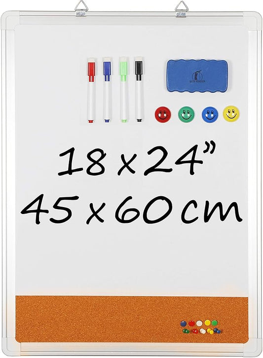 White Board Cork Board Combo - 18x24 in Dry Erase Board with Cork and 1 Magnetic Eraser, 4 Dry Wipe Markers, 4 Magnets and 10 Pins - Wall Hanging Whiteboard with Corkboard for Home and Office