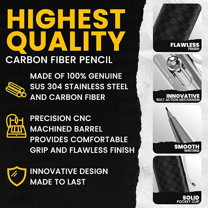 BASTION® Luxury Mechanical Pencil, Professional Medium Point Pencil for Birthday Gift includes 20 x 0.77mm Lead Refills - Carbon Fiber Stainless Steel