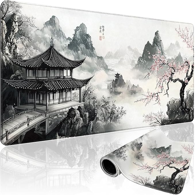 Japanese Black and White Cherry Blossoms Large Gaming Mouse Pad 31.5"x15.7"｜XXL Desk Mat, Non-Slip Rubber Base & Stitched Edges - Extended Mousepad for PC/Laptop/Office/Home Decor