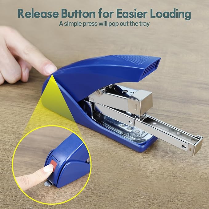 AFMAT ES10 Effortless Stapler for Desk, 50 Sheet Capacity, Low Force, Built-in Staple Remover, One Finger Touch Stapling Desktop Stapler, Portable & Space Save Size, Good for Home & Office, Blue
