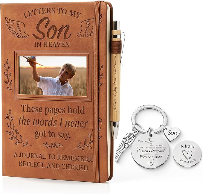 Letters to My Son in Heaven Leather Journal with Photo Slot, Sympathy Gift for Loss of Son, Memorial A5 Notebook with Wood Pen & Keychain, Bereavement Gift for Grieving Parents