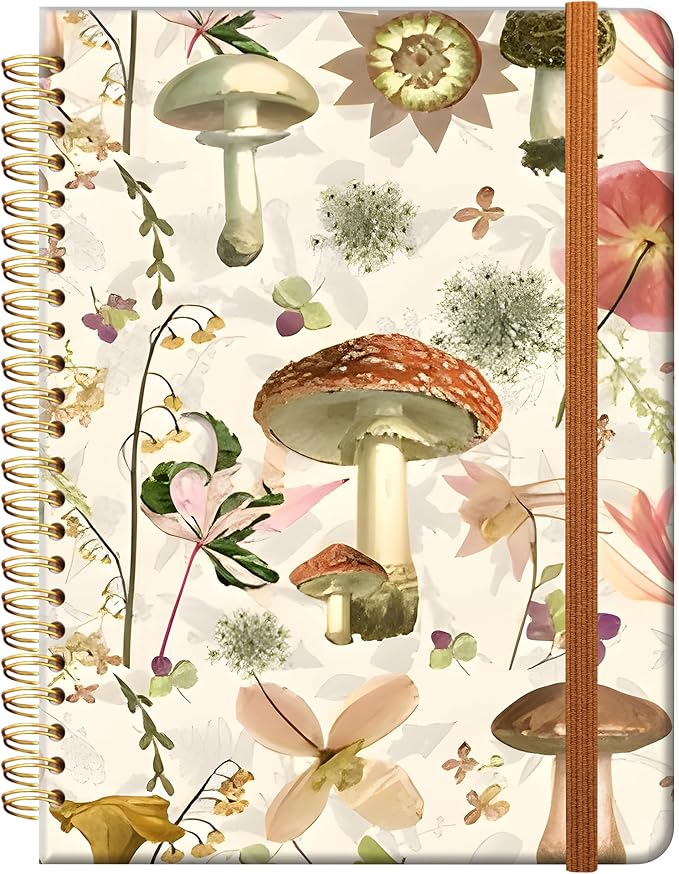 Ruled Spiral Writing Notebook,A5 Hardcover Lined College Journal for Women,Strong Twin-Wire Binding with Premium Paper,8.4" X 6",Perfect for School,Office,Home(Mushroom Garden)