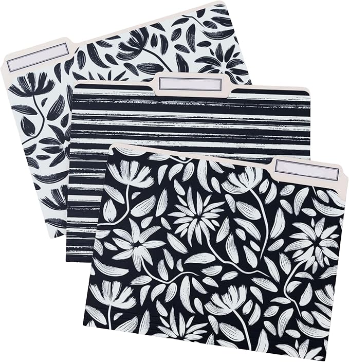Steel Mill & Co Cute File Folders, Set of 9, Document Organizer for Filing Cabinet, Decorative Letter Size Files, Hand Drawn Black Floral