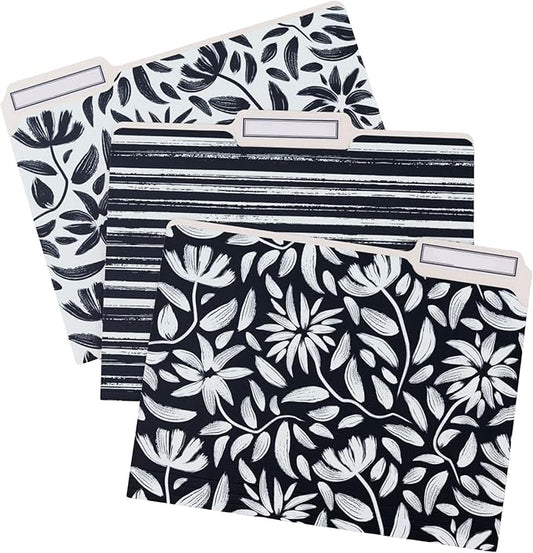 Steel Mill & Co Cute File Folders, Set of 9, Document Organizer for Filing Cabinet, Decorative Letter Size Files, Hand Drawn Black Floral