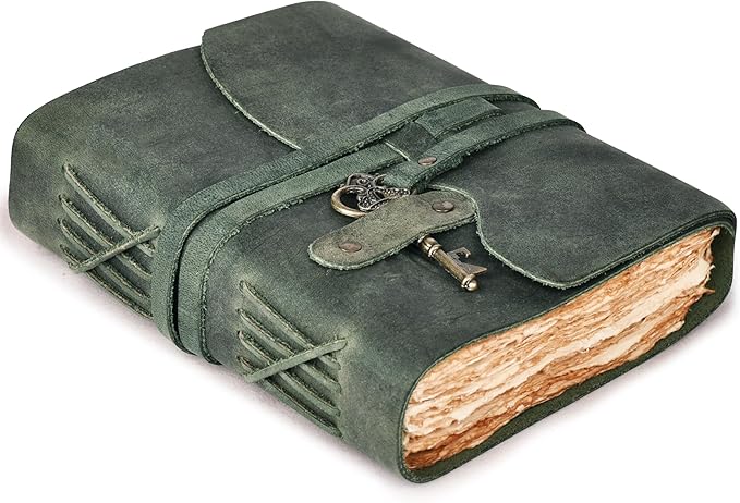 LEATHER VILLAGE Vintage Leather Journal – 200 Handmade Vintage Deckle Edge Paper – Leather bound Journal For Women Men – Vintage Key Closure - Book of Shadows - Aqua - 8X6 inches (A5)
