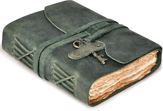 LEATHER VILLAGE Vintage Leather Journal – 200 Handmade Vintage Deckle Edge Paper – Leather bound Journal For Women Men – Vintage Key Closure - Book of Shadows - Aqua - 8X6 inches (A5)