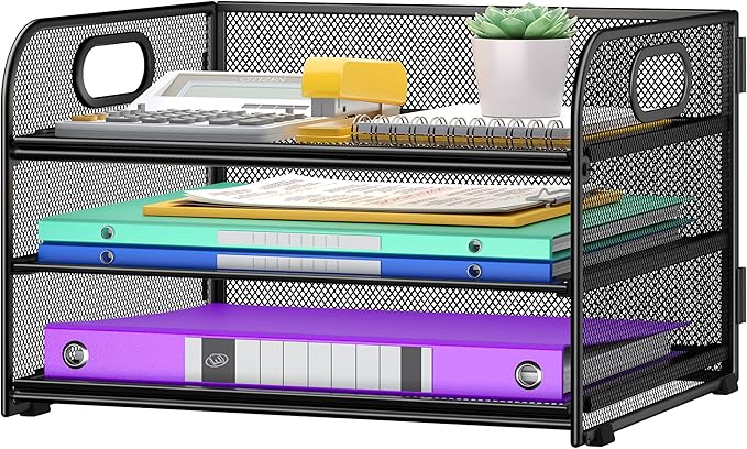 3 Tier Paper Organizer with Handle, Metal Desk Organizer Mesh Paper Letter Tray Desktop File Folder Document Sorter for Classroom, School, Office Accessories Organization and Storage - Black