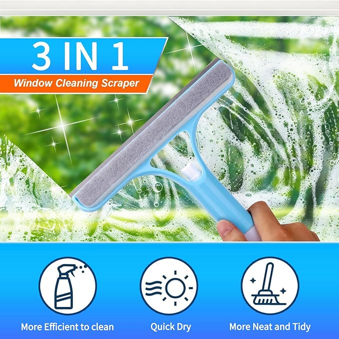 3-in-1 Window Cleaning Scraper Set, Multi-Functional Spray Glass Scraper Cleaning Tool with Window Cloth and Hook, Suitable for Glass Doors/Windows, Mirror Scrapers, and Brushes