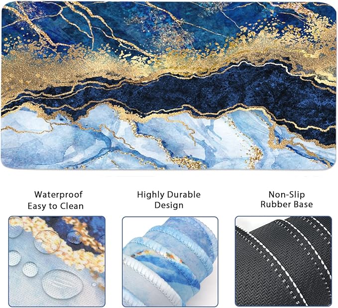 4-in-1 Large Gaming Mouse Pad, Keyboard Wrist Rest Pad & Wrist Support Mousepad Set, Extended Desk Pad Waterproof Desk Mat for Home Office Study Game - Blue Gold Marble