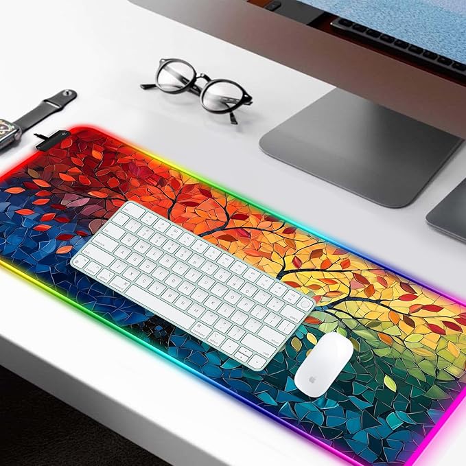 RGB Fantasy Tree of Life Gaming Desk Mat, Computer Keyboard Large Extended Long Abstract LED Mouse Pad for Office and Home, XL (W04)