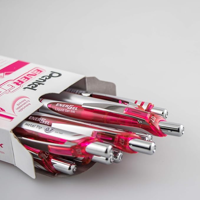 Pentel EnerGel Deluxe RTX Retractable Liquid Gel Pen, Medium Line, Metal Tip, Pink Ink, Box of 12 (BL77-P)