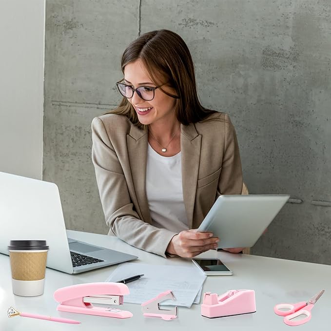Pink Office Supplies, Pink Desk Accessories, Stapler, Staple Remover, Tape Holder, Pen Holder, Ballpoint Pen, Scissor, Binder Clips, Paper Clips and 1000pcs Staples.
