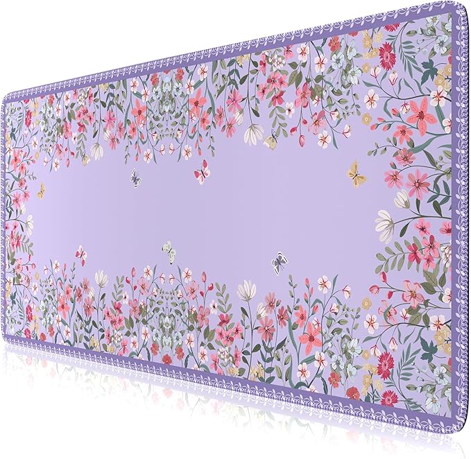 HAOCOO Purple Desk Mat for Keyboard and Mouse, Floral Keyboard Mat with Edge Stitching, Non-Slip Large Mouse Pad for Desk for Gaming,Women Office