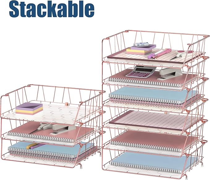 SimpleHouseware Stackable Wide Entry Desk File Document Letter Tray with Liner, Wire Grid, 3 Packs, Rose Gold