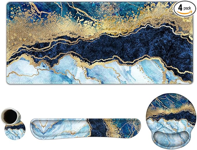 ARTSO Large Mouse Pad Ergonomic Keyboard Wrist Rest Support Set, Memory Foam Gel Wrist Pad, Extended Desk Mat Protector, Non-Slip Desk Blotter, Blue Marble