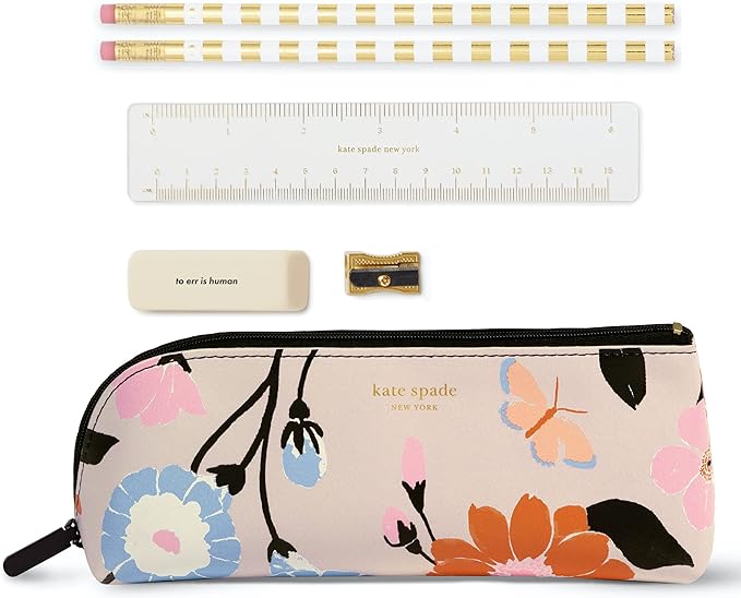 kate spade new york Pen and Pencil Case with Office Supplies, Zip Pouch Includes 2 Pencils, Sharpener, Eraser, and Ruler, Floral Garden