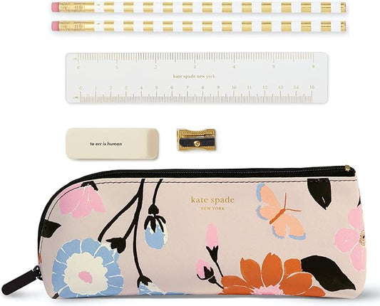 kate spade new york Pen and Pencil Case with Office Supplies, Zip Pouch Includes 2 Pencils, Sharpener, Eraser, and Ruler, Floral Garden