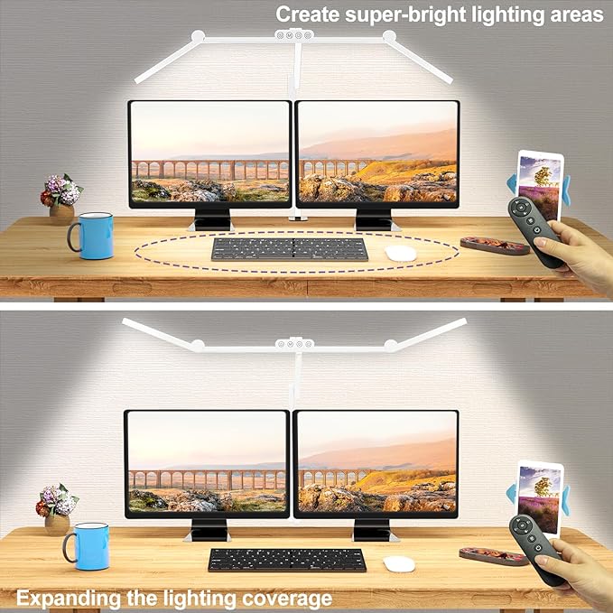 Micomlan Architect Desk Lamp with Clamp, Led Desk Lamp for Home Office with Remote Control, 24W Bright Dimmable Computer Light with Atmosphere Lighting Adjustable Table Light(Remote)