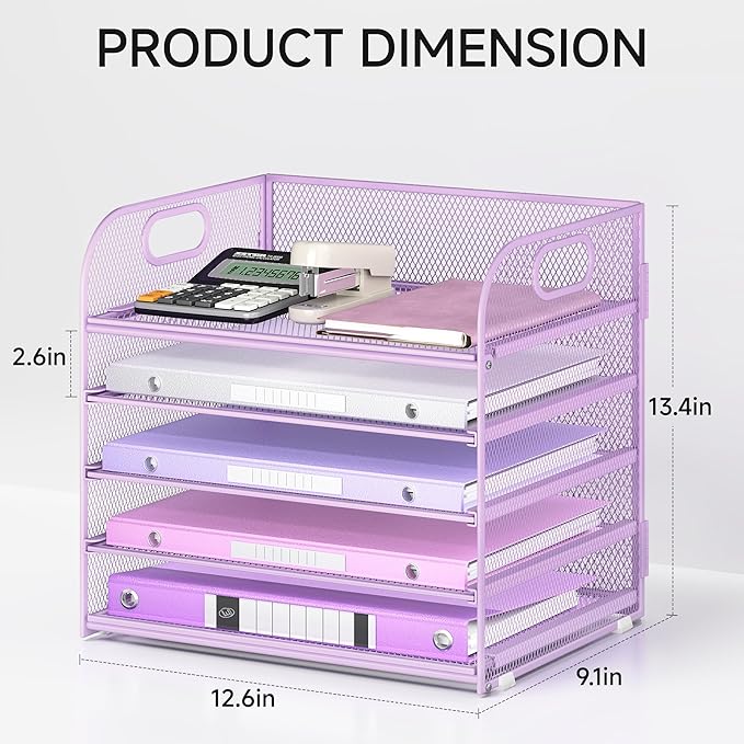 Lavatino Desk Letter Tray Paper Organizer, 5-Tier with Handle Metal Mesh Desktop File Organizer Paper Holder for Classroom Office Desk Accessories- Purple