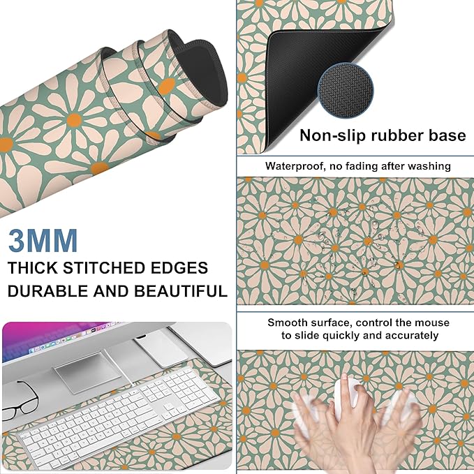 Retro Daisy Flowers Gaming Mouse Pad 3mm Thick Stitched Edge Waterproof Non-Slip Large Computer Keyboard Mouse Mat,Suitable for Office Entertainment Decorative Desk Pad 35.4 x 15.7 Inches