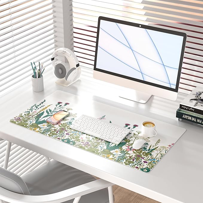 QIYI Large Mouse Pad, Floral Desk Mat for Desktop, Wildflowers Herbs PU Leather Waterproof Gaming Mousepad, Computer Laptop Desk Accessories Protector Writing Pads for School Office Home 31.5" x 15.7"
