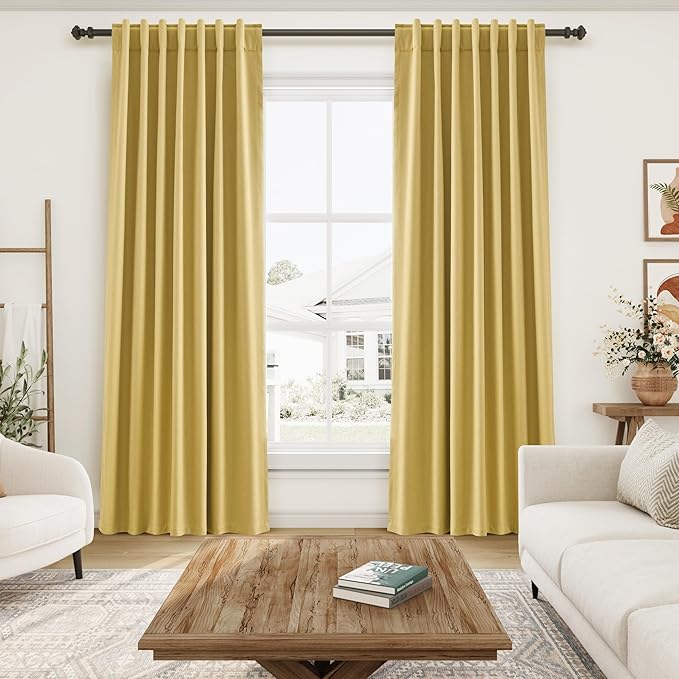 Nanspring Gold Linen Blackout Curtains 108 Inches Long Back Tab Rod Pocket Thermal Insulated Noise Cancelling Full Shading 2 Panels Set for Sliding Door Elegant Modern Curtains Drapes 52x108