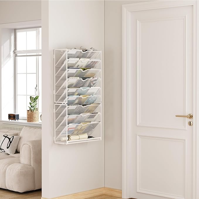 Lavatino 10-Tier Hanging Wall File Folders Organizer - White Metal Mesh Paper Magazine Document Mail Holder File Organizer for Office School Home Wall Mount or Desk Supplies Organization
