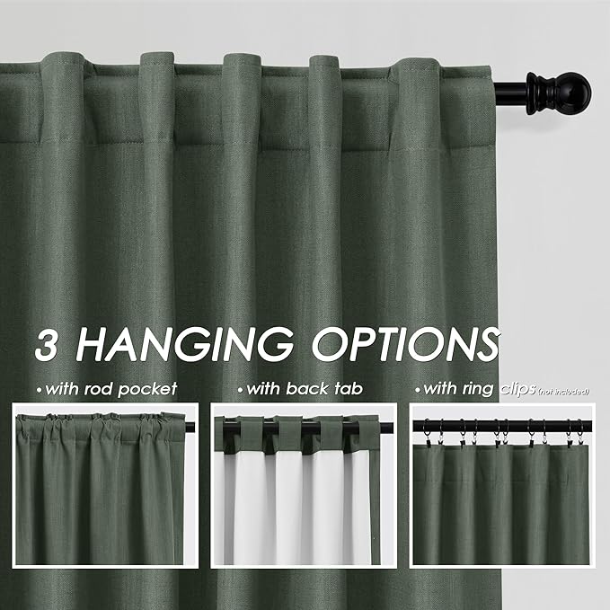 Olive Green Linen Blackout Curtains 84 Inches Long Back Tab Burlap Flax Bedroom Blackout Curtains 2 Panel Sets Rustic Farmhouse Full Light Blocking Thermal Insulated Curtain 84 Inch Length 52x84