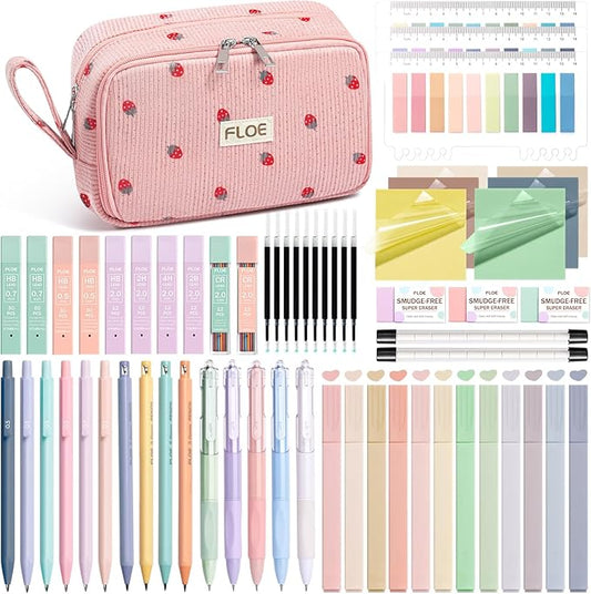 62PCS Aesthetic School Supplies, Cute Back to School Supplies College Essentials Preppy Stationary Set with Large Pencil Pouch Case, Pastel Highlighters Gel Pens Mechanical Pencils for Student Girls
