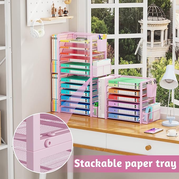 Simple Trending 6 Tier Desk File Organizer, Paper Letter Tray Organizer with File Holder and Pen Container, Pink