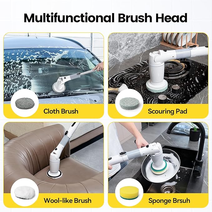 StarVal Electric Spin Scrubber, Cordless Cleaning Brush Shower Scrubber Up to 550 RPM with 9 Replaceable Brush Heads, Bathroom Scrubber Adjustable Extension Handle for Cleaning Bathroom Kitchen(Grey)